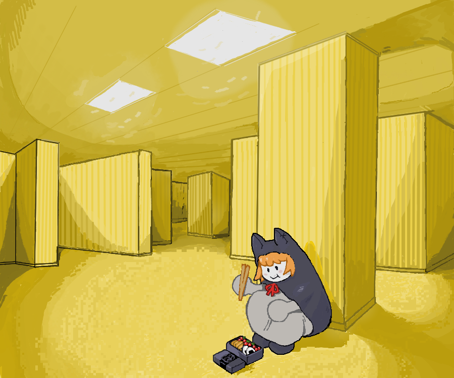 In the next room, one with plaster walls, fluorescent lights, and carpeted flooring, the stray finds a comfortable spot to root and replenish her health. She’d sometimes catch wind of a muffled shriek coming from somewhere deeper within the maze, human or not, she knows not to let it take up stock in her mind. Best not to dwell, she thinks, no point in letting that ruin my appetite. Once finished, she neatly puts away her bento box and continues ever forward.