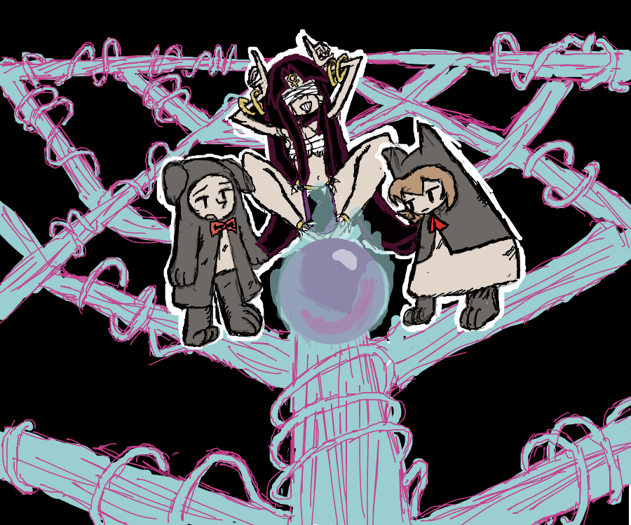 Room 26: The two find themselves on a web over a seemingly massive abyss. They find a strange person calling herself a shaman of the Labyrinth. The Shaman tells them she can show them a vision, but they refuse. She laughs and tells them: "That is the right answer. My eyes go deep into the labyrinth, but even I have not seen the end of the labyrinth." The two look through the crystal ball and can spot the invisible door directly in front of it. They proceed on their journey.